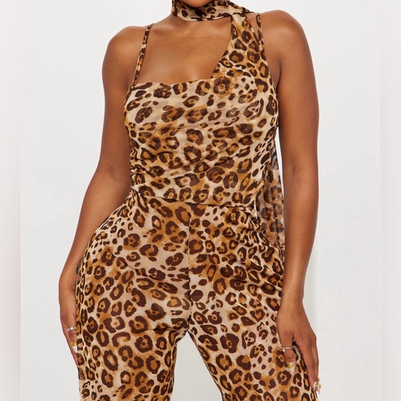 Wild Looks Leopard Mesh Jumpsuit - Taupe/ combo - Picture 2 of 3
